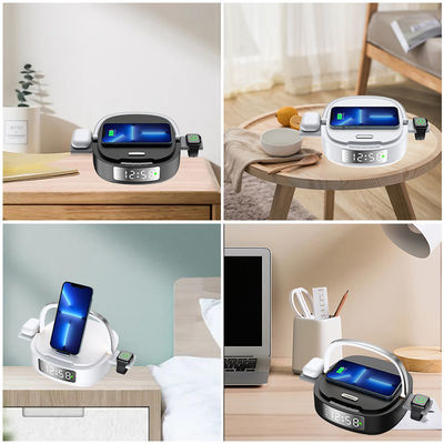 Relógio de mesa multifuncional de alarme Qi com carregador sem fio 5 em 1