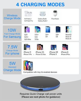 Pad de carregamento sem fio portátil 2 em 1 Qi 10W Superfície de espelho para telefone celular