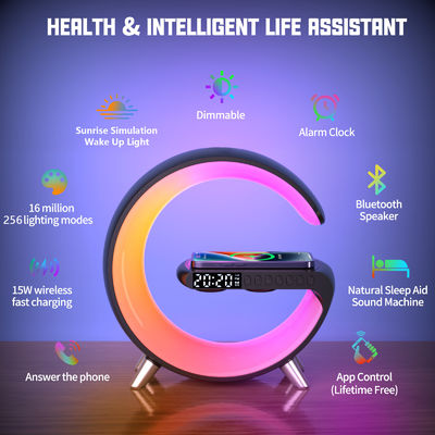 Função Snooze Bluetooth sem fio alto-falante Qi carregador ABS com lâmpada de atmosfera