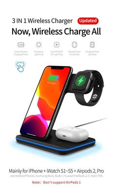 Carregador móvel sem fio multifuncional Qi 10w 3 em 1 Proteção de curto-circuito