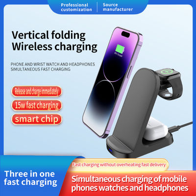 Negro 3 em 1 Qi Wireless Charging Stand 9V Mobile Multifuncional